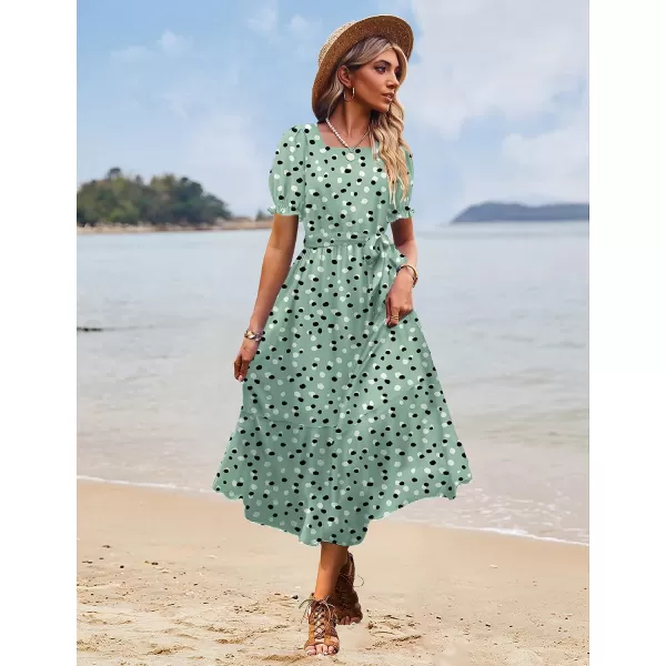 YESNO Womens 2023 Summer Casual Square Neck Floral Dress Ruffle Puff Short Sleeve Belted Maxi Dress with Pockets E16E16 as Picture394