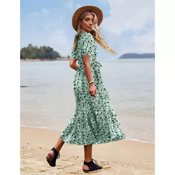 YESNO Womens 2023 Summer Casual Square Neck Floral Dress Ruffle Puff Short Sleeve Belted Maxi Dress with Pockets E16E16 as Picture394