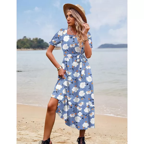 YESNO Womens 2023 Summer Casual Square Neck Floral Dress Ruffle Puff Short Sleeve Belted Maxi Dress with Pockets E16E16 as Picture395