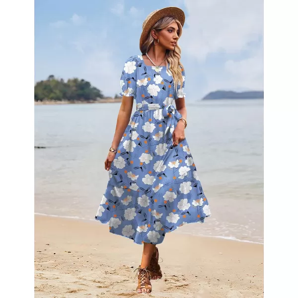 YESNO Womens 2023 Summer Casual Square Neck Floral Dress Ruffle Puff Short Sleeve Belted Maxi Dress with Pockets E16E16 as Picture395