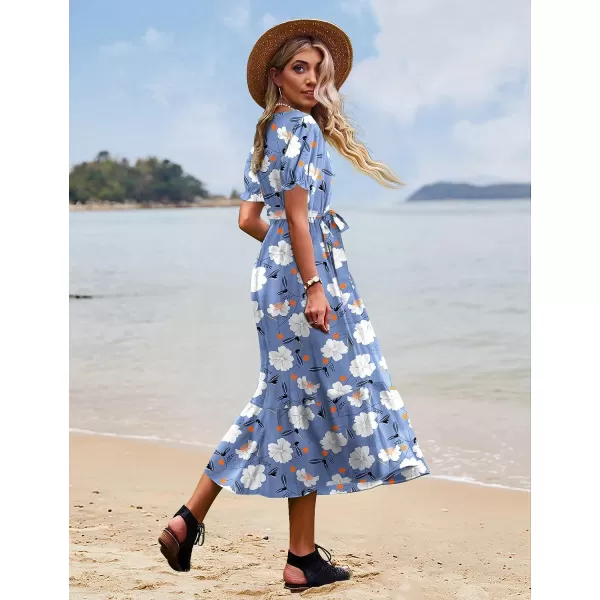 YESNO Womens 2023 Summer Casual Square Neck Floral Dress Ruffle Puff Short Sleeve Belted Maxi Dress with Pockets E16E16 as Picture395