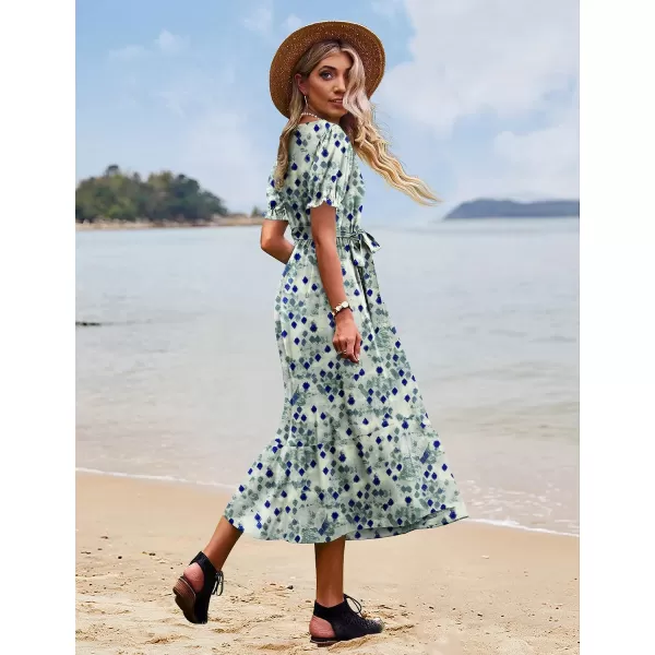 YESNO Womens 2023 Summer Casual Square Neck Floral Dress Ruffle Puff Short Sleeve Belted Maxi Dress with Pockets E16E16 as Picture397