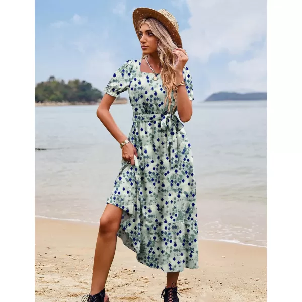 YESNO Womens 2023 Summer Casual Square Neck Floral Dress Ruffle Puff Short Sleeve Belted Maxi Dress with Pockets E16E16 as Picture397