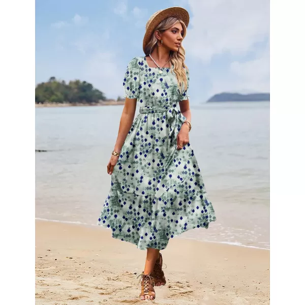 YESNO Womens 2023 Summer Casual Square Neck Floral Dress Ruffle Puff Short Sleeve Belted Maxi Dress with Pockets E16E16 as Picture397