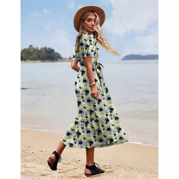 YESNO Womens 2023 Summer Casual Square Neck Floral Dress Ruffle Puff Short Sleeve Belted Maxi Dress with Pockets E16E16 as Picture398