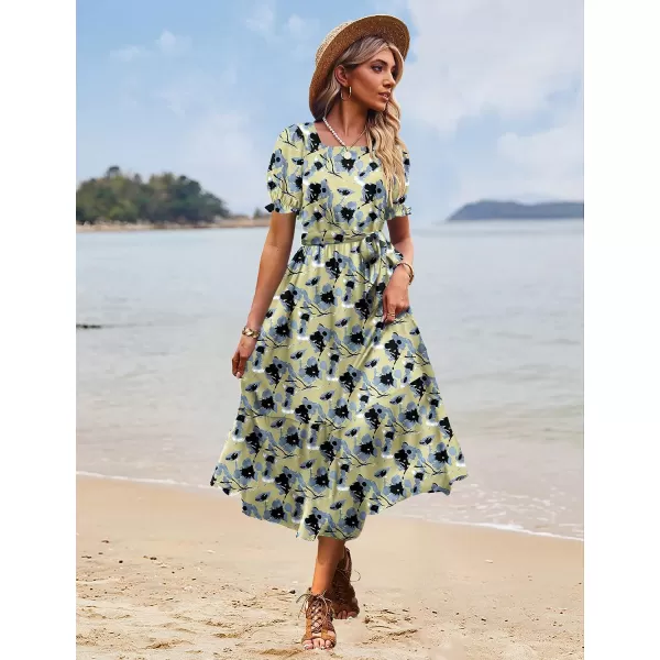 YESNO Womens 2023 Summer Casual Square Neck Floral Dress Ruffle Puff Short Sleeve Belted Maxi Dress with Pockets E16E16 as Picture398