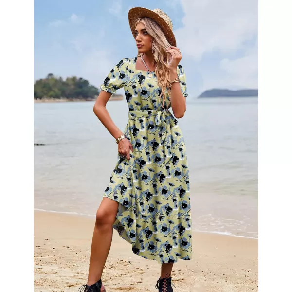 YESNO Womens 2023 Summer Casual Square Neck Floral Dress Ruffle Puff Short Sleeve Belted Maxi Dress with Pockets E16E16 as Picture398