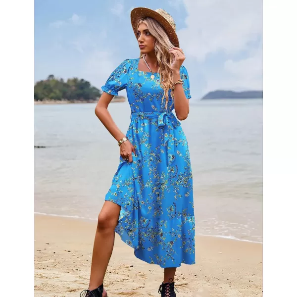 YESNO Womens 2023 Summer Casual Square Neck Floral Dress Ruffle Puff Short Sleeve Belted Maxi Dress with Pockets E16E16 as Picture44