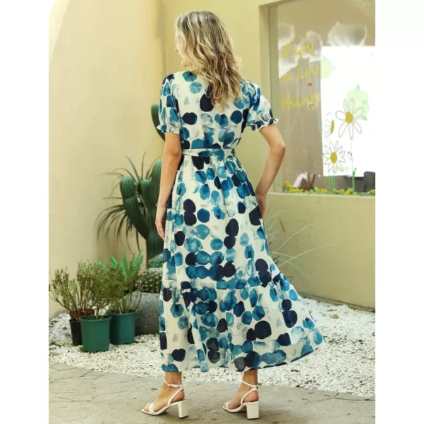 YESNO Womens 2023 Summer Casual Square Neck Floral Dress Ruffle Puff Short Sleeve Belted Maxi Dress with Pockets E16E16 as Picture74