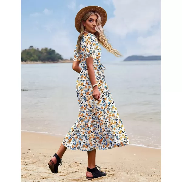 YESNO Womens 2023 Summer Casual Square Neck Floral Dress Ruffle Puff Short Sleeve Belted Maxi Dress with Pockets E16Floral 377