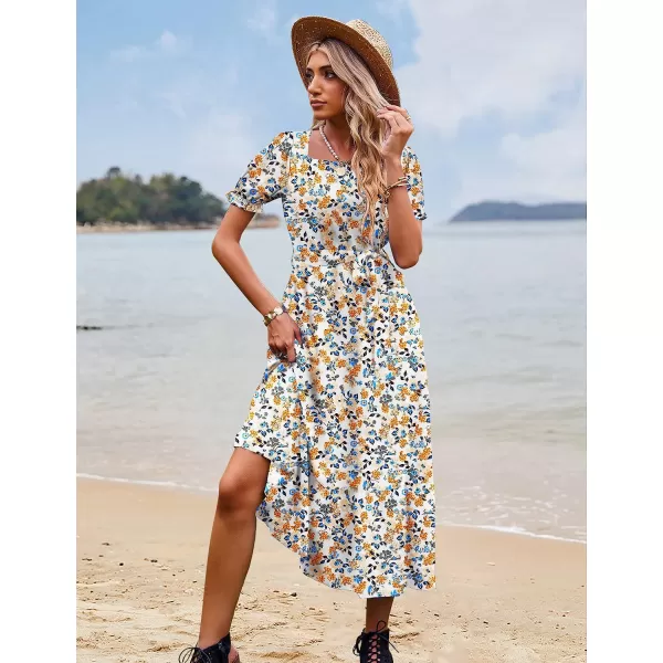 YESNO Womens 2023 Summer Casual Square Neck Floral Dress Ruffle Puff Short Sleeve Belted Maxi Dress with Pockets E16Floral 377