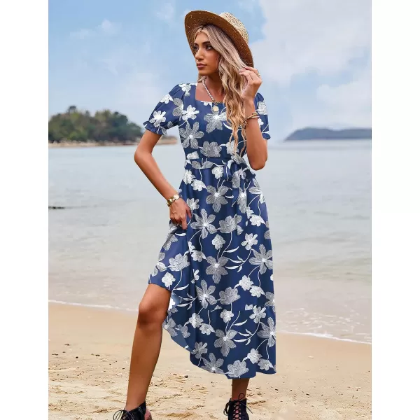 YESNO Womens 2023 Summer Casual Square Neck Floral Dress Ruffle Puff Short Sleeve Belted Maxi Dress with Pockets E16Floral 385