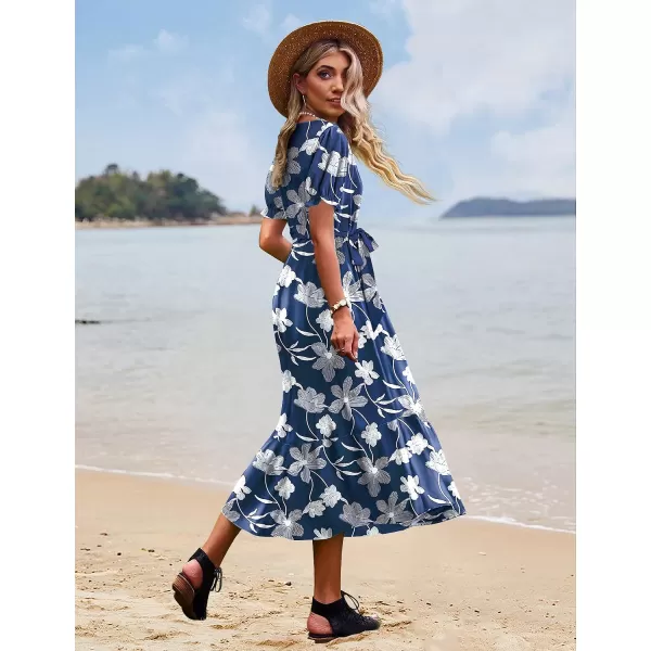 YESNO Womens 2023 Summer Casual Square Neck Floral Dress Ruffle Puff Short Sleeve Belted Maxi Dress with Pockets E16Floral 385