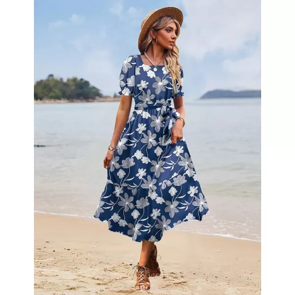 YESNO Womens 2023 Summer Casual Square Neck Floral Dress Ruffle Puff Short Sleeve Belted Maxi Dress with Pockets E16Floral 385