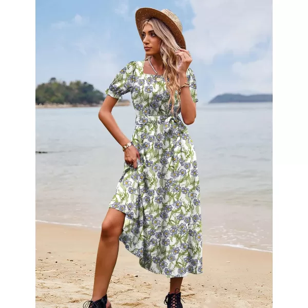 YESNO Womens 2023 Summer Casual Square Neck Floral Dress Ruffle Puff Short Sleeve Belted Maxi Dress with Pockets E16Floral 390