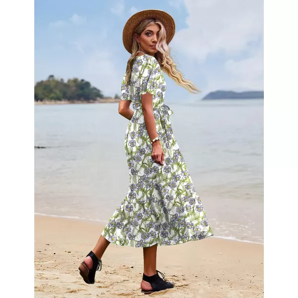 YESNO Womens 2023 Summer Casual Square Neck Floral Dress Ruffle Puff Short Sleeve Belted Maxi Dress with Pockets E16Floral 390