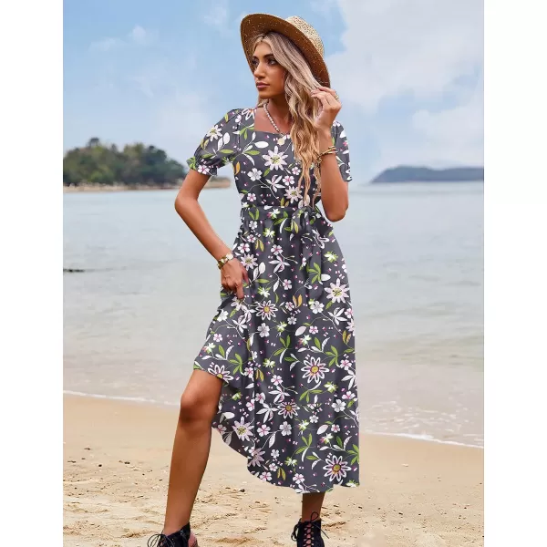 YESNO Womens 2023 Summer Casual Square Neck Floral Dress Ruffle Puff Short Sleeve Belted Maxi Dress with Pockets E16Floral 401