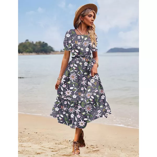 YESNO Womens 2023 Summer Casual Square Neck Floral Dress Ruffle Puff Short Sleeve Belted Maxi Dress with Pockets E16Floral 401