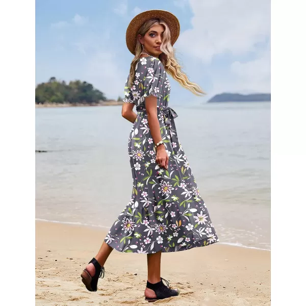 YESNO Womens 2023 Summer Casual Square Neck Floral Dress Ruffle Puff Short Sleeve Belted Maxi Dress with Pockets E16Floral 401