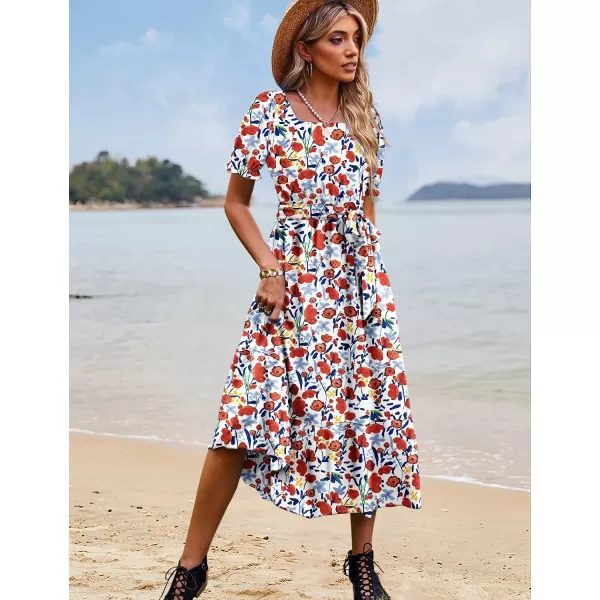 YESNO Womens 2023 Summer Casual Square Neck Floral Dress Ruffle Puff Short Sleeve Belted Maxi Dress with Pockets E16Floral 410