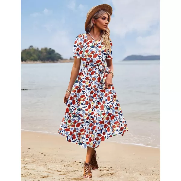 YESNO Womens 2023 Summer Casual Square Neck Floral Dress Ruffle Puff Short Sleeve Belted Maxi Dress with Pockets E16Floral 410