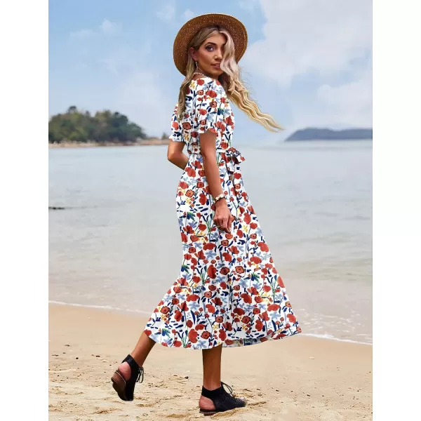 YESNO Womens 2023 Summer Casual Square Neck Floral Dress Ruffle Puff Short Sleeve Belted Maxi Dress with Pockets E16Floral 410