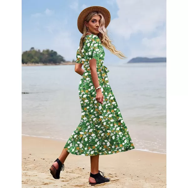 YESNO Womens 2023 Summer Casual Square Neck Floral Dress Ruffle Puff Short Sleeve Belted Maxi Dress with Pockets E16Floral 412