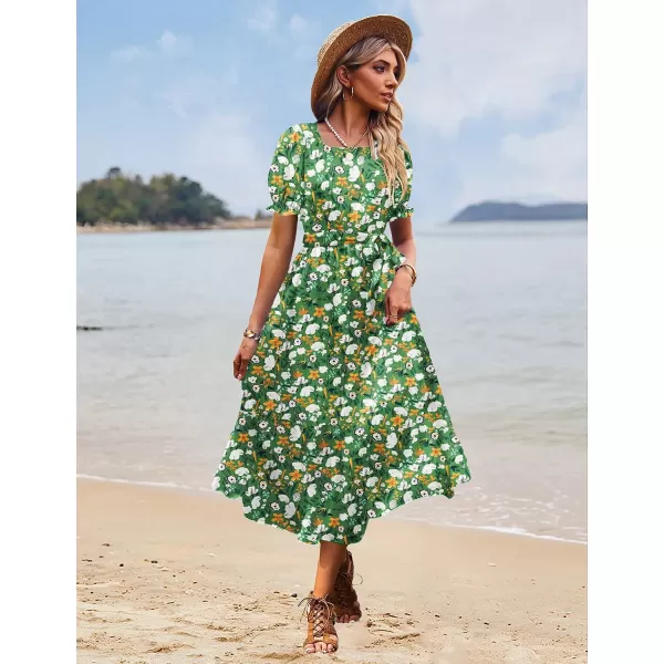 YESNO Womens 2023 Summer Casual Square Neck Floral Dress Ruffle Puff Short Sleeve Belted Maxi Dress with Pockets E16Floral 412