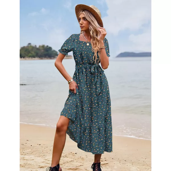 YESNO Womens 2023 Summer Casual Square Neck Floral Dress Ruffle Puff Short Sleeve Belted Maxi Dress with Pockets E16Floral P001 G