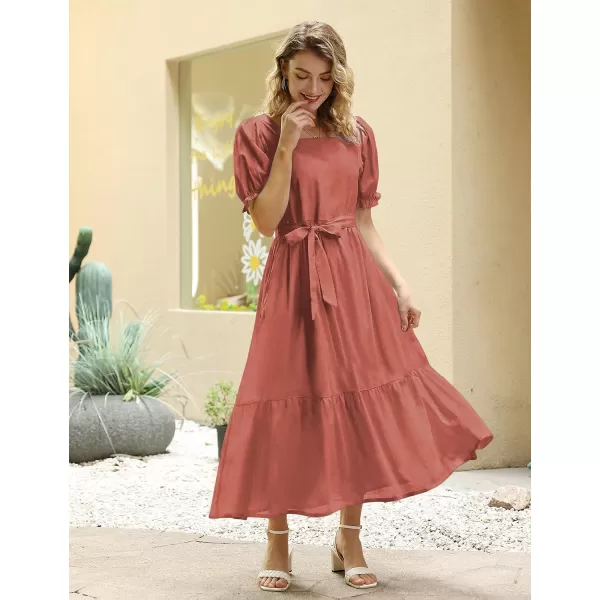 YESNO Womens 2023 Summer Casual Square Neck Floral Dress Ruffle Puff Short Sleeve Belted Maxi Dress with Pockets E16Rust