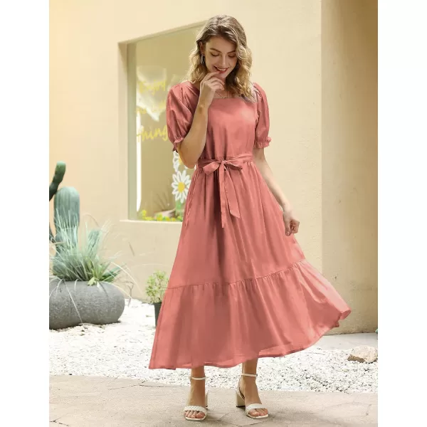 YESNO Womens 2023 Summer Casual Square Neck Floral Dress Ruffle Puff Short Sleeve Belted Maxi Dress with Pockets E16Salmon