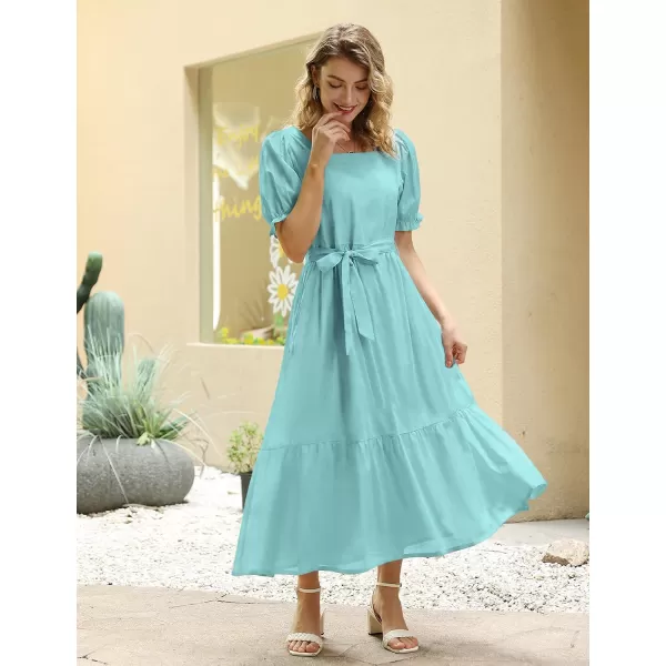 YESNO Womens 2023 Summer Casual Square Neck Floral Dress Ruffle Puff Short Sleeve Belted Maxi Dress with Pockets E16Turquoise