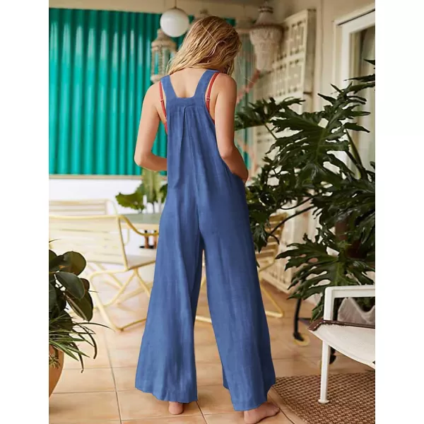 YESNO Womens Overalls Casual Loose Bib Pants Adjustable Straps Wide Leg Jumpsuits with Pockets PQ2Blue