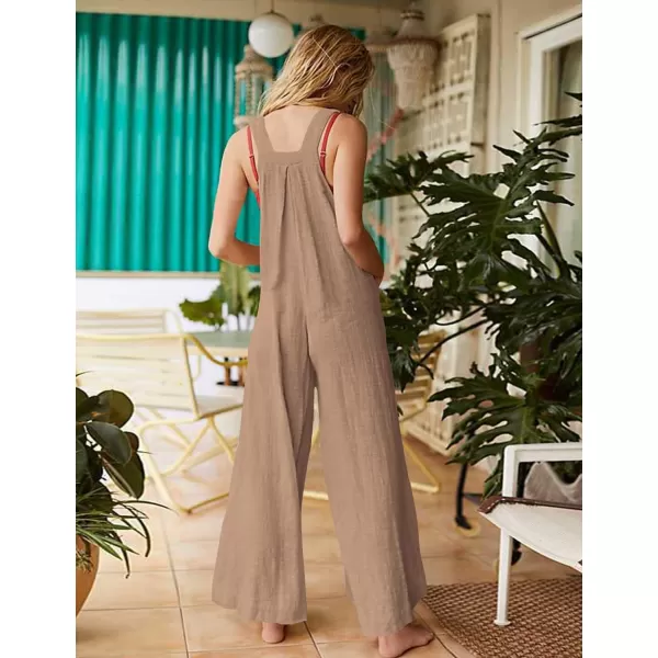 YESNO Womens Overalls Casual Loose Bib Pants Adjustable Straps Wide Leg Jumpsuits with Pockets PQ2Camel