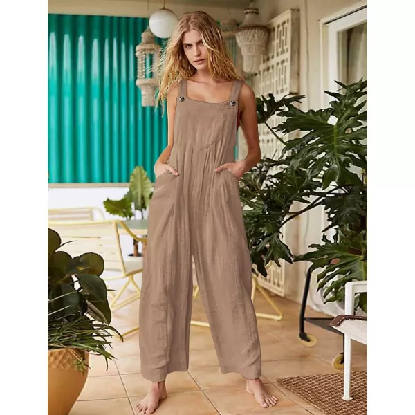 YESNO Womens Overalls Casual Loose Bib Pants Adjustable Straps Wide Leg Jumpsuits with Pockets PQ2Camel