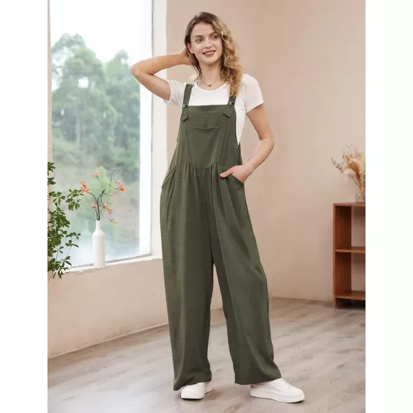 YESNO Womens Overalls Casual Loose Bib Pants Adjustable Straps Wide Leg Jumpsuits with Pockets PQ2Dark Army Green