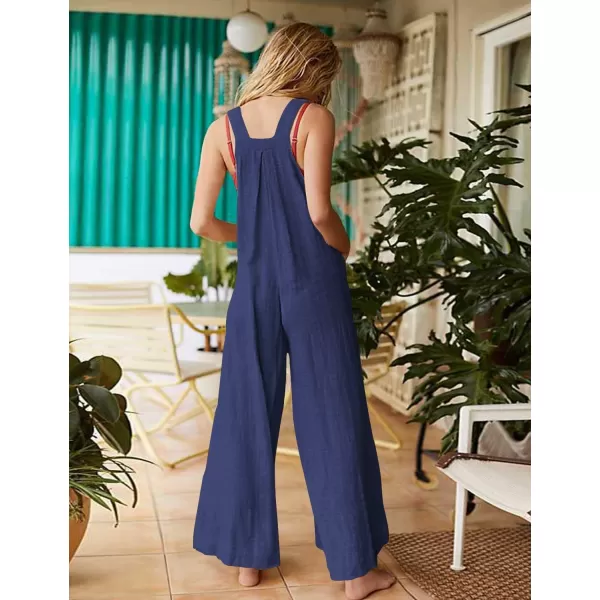 YESNO Womens Overalls Casual Loose Bib Pants Adjustable Straps Wide Leg Jumpsuits with Pockets PQ2Navy Blue