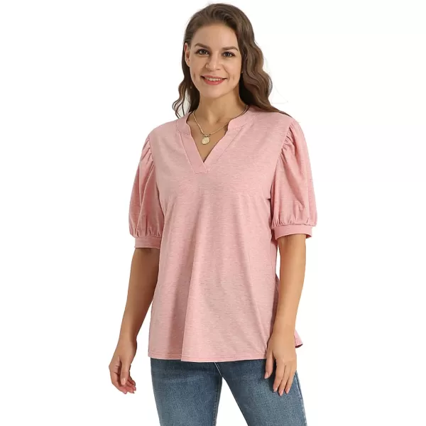 YESNO Womens Short Sleeve Shirts Casual Summer V Neck T Shirts Dressy Puff Sleeve Blouses Tops TY0Ty0 Pink