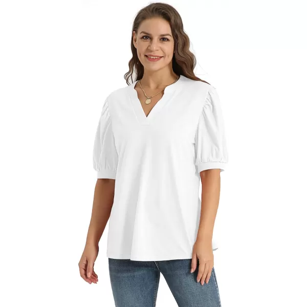 YESNO Womens Short Sleeve Shirts Casual Summer V Neck T Shirts Dressy Puff Sleeve Blouses Tops TY0Ty0 White