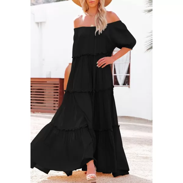 YESNO Womens Summer Casual Off Shoulder Maxi Dress Puff Short Sleeve Bohemian Floral Long Swing Dress E06E06 Black