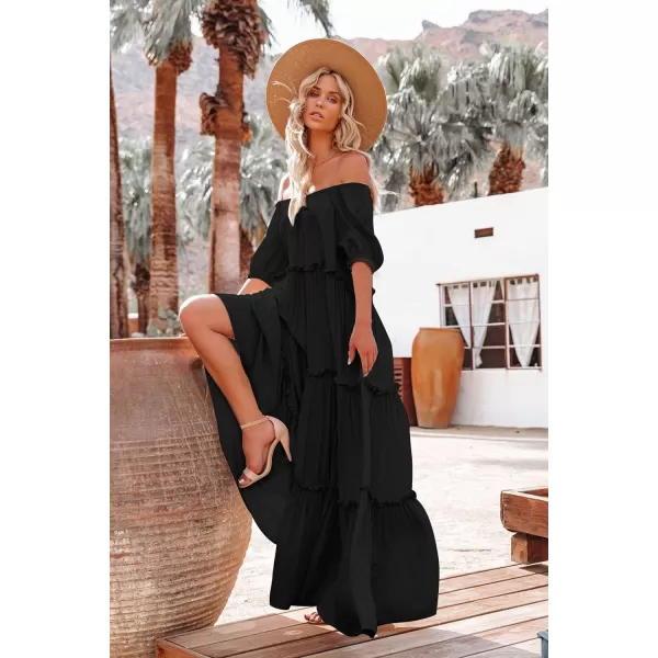 YESNO Womens Summer Casual Off Shoulder Maxi Dress Puff Short Sleeve Bohemian Floral Long Swing Dress E06E06 Black