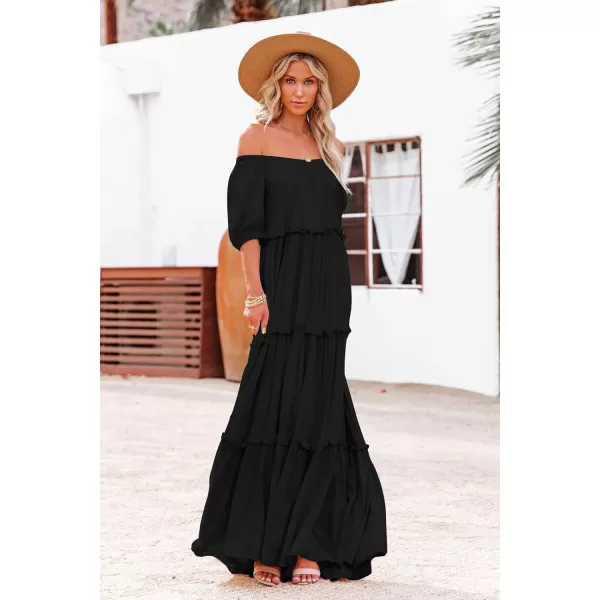 YESNO Womens Summer Casual Off Shoulder Maxi Dress Puff Short Sleeve Bohemian Floral Long Swing Dress E06E06 Black