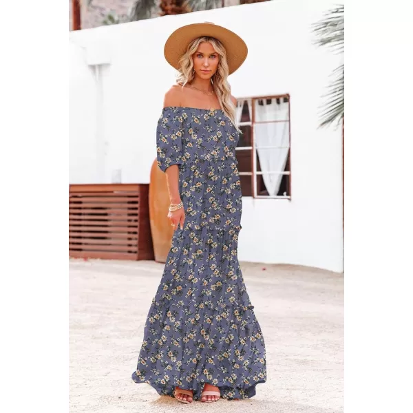 YESNO Womens Summer Casual Off Shoulder Maxi Dress Puff Short Sleeve Bohemian Floral Long Swing Dress E06E06 as Picture08