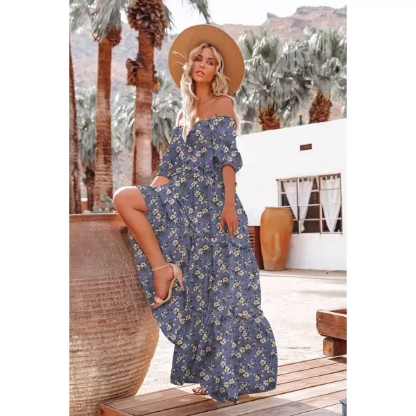 YESNO Womens Summer Casual Off Shoulder Maxi Dress Puff Short Sleeve Bohemian Floral Long Swing Dress E06E06 as Picture08