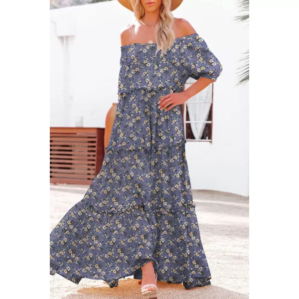 YESNO Womens Summer Casual Off Shoulder Maxi Dress Puff Short Sleeve Bohemian Floral Long Swing Dress E06E06 as Picture08