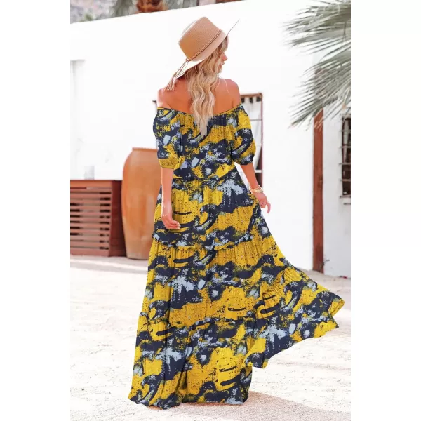 YESNO Womens Summer Casual Off Shoulder Maxi Dress Puff Short Sleeve Bohemian Floral Long Swing Dress E06E06 as Picture141