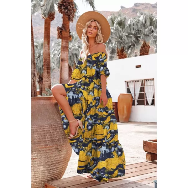 YESNO Womens Summer Casual Off Shoulder Maxi Dress Puff Short Sleeve Bohemian Floral Long Swing Dress E06E06 as Picture141