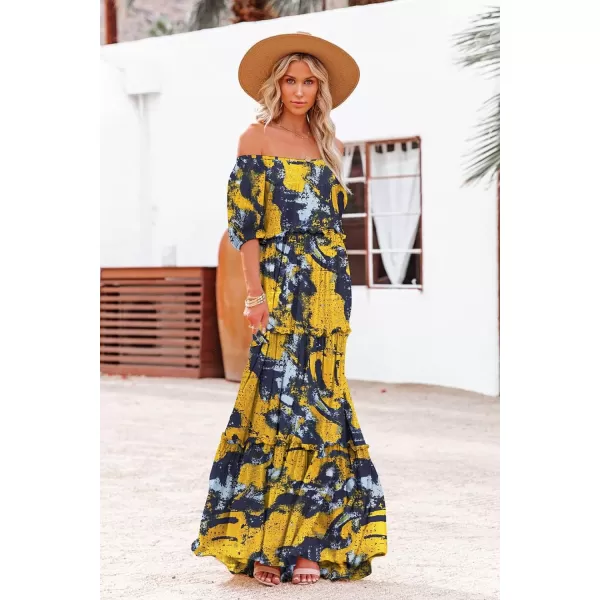 YESNO Womens Summer Casual Off Shoulder Maxi Dress Puff Short Sleeve Bohemian Floral Long Swing Dress E06E06 as Picture141