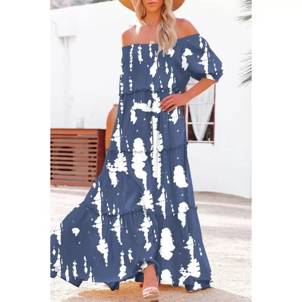 YESNO Womens Summer Casual Off Shoulder Maxi Dress Puff Short Sleeve Bohemian Floral Long Swing Dress E06E06 as Picture147