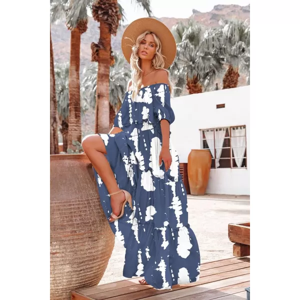 YESNO Womens Summer Casual Off Shoulder Maxi Dress Puff Short Sleeve Bohemian Floral Long Swing Dress E06E06 as Picture147